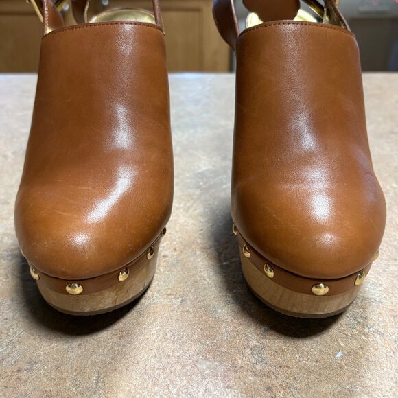Michael Kors Beatrice Brown Leather Slingback Platform Clogs Studded Heels 6.5 - Picture 3 of 16